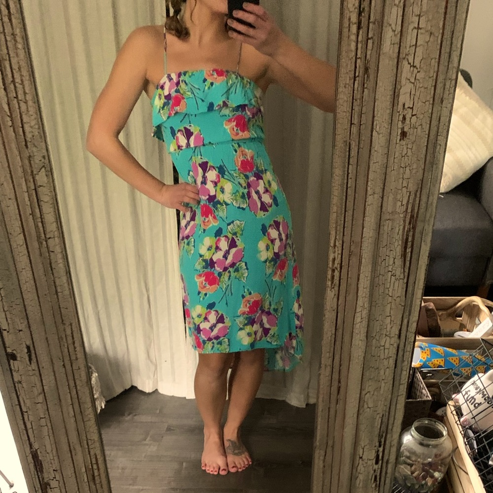 XHILARATION AQUA FLORAL FLOUNCE DRESS